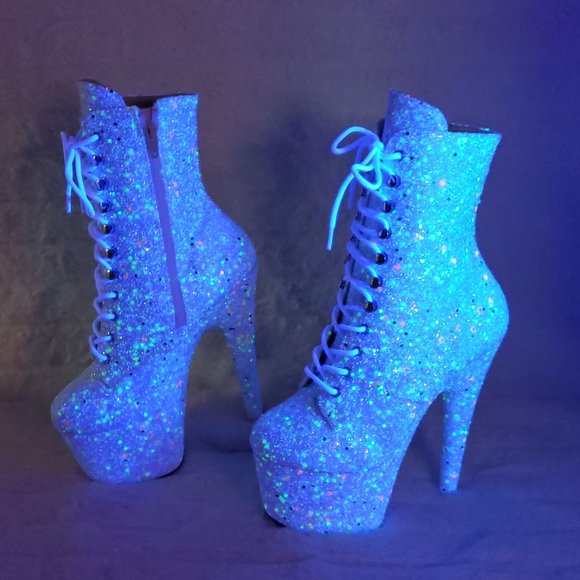 UV White Glow In The Dark Glitter 7" Platform Heel Ankle Boots Adore 1020uvlg - Picture 3 of 16
